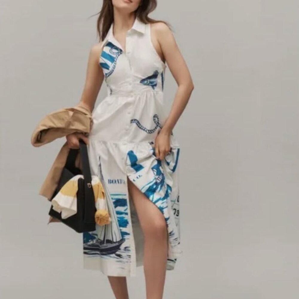 Anthropologie Maeve Blue White Ship Fish  Nautical Midi Shirt Dress S NWT